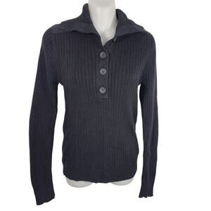 Calvin Klein Womens Ribbed Pullover 1/4 Button Sweater Small Black Knit Cotton